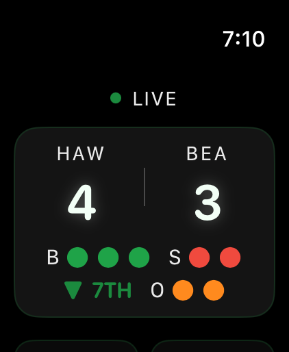 Apple Watch showing the Baseball & Softball Scoreboard app — Hawks 4, Bears 3, bottom of the 7th, with the ball-strike-out count
