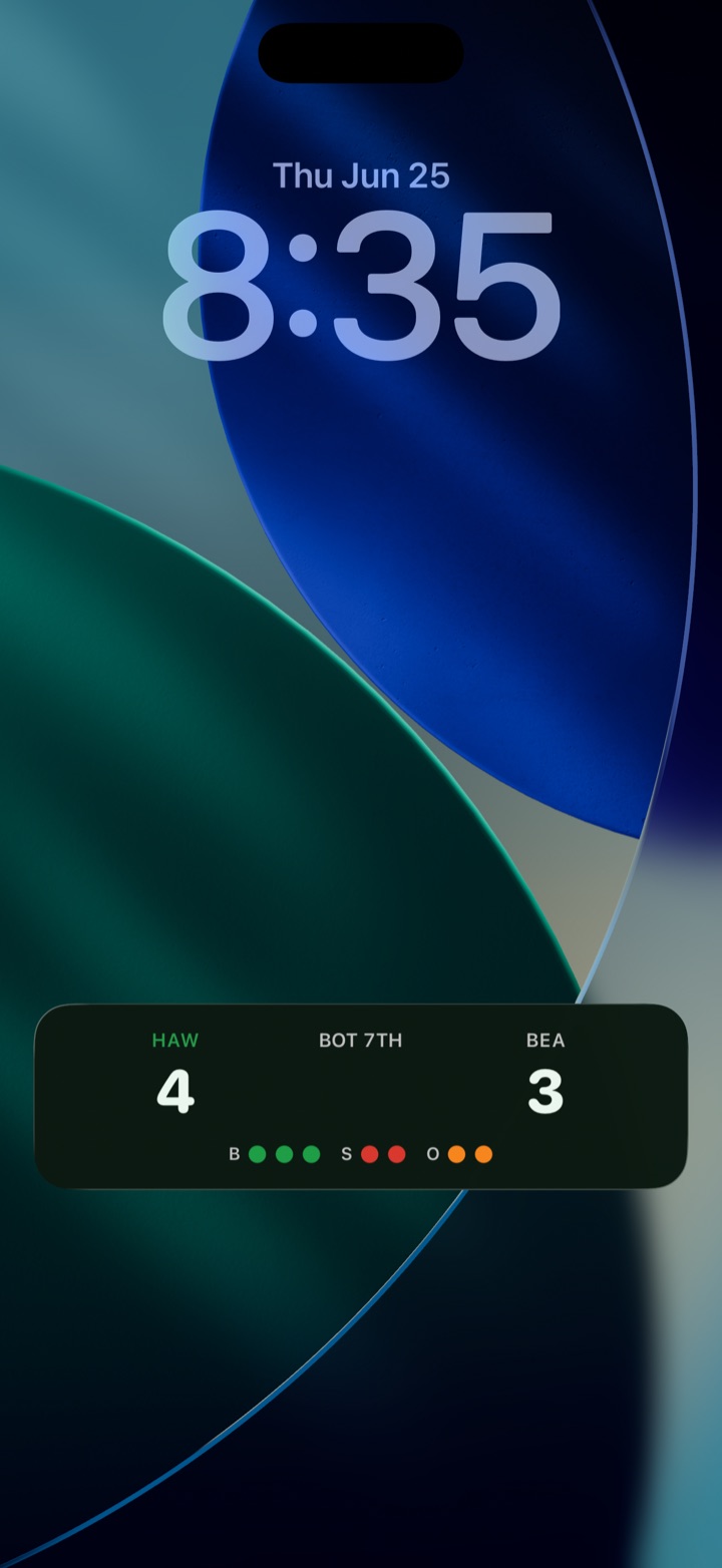 iPhone Lock Screen showing the Baseball & Softball Scoreboard Live Activity — Hawks 4, Bears 3, bottom of the 7th, with the ball-strike-out count