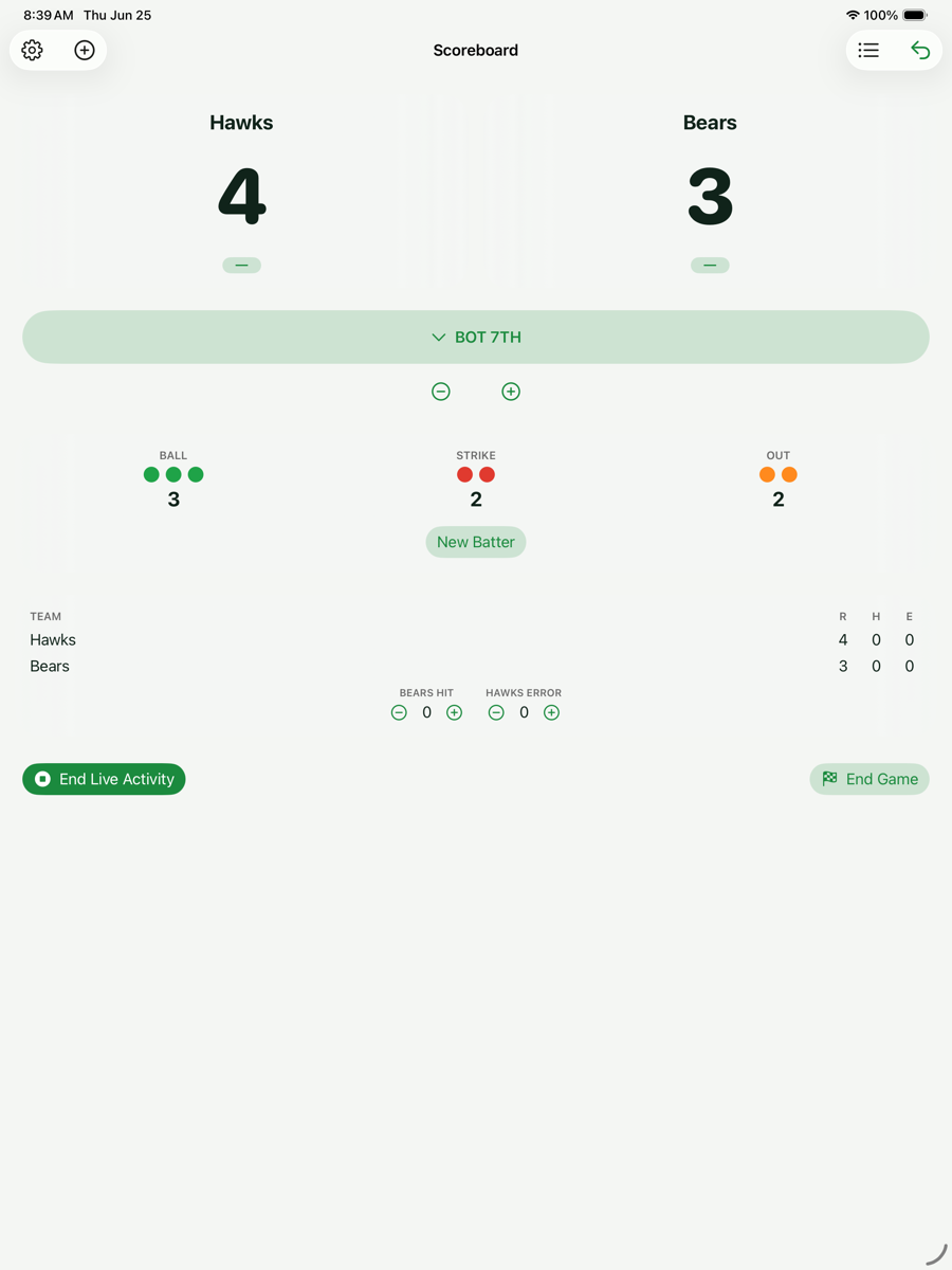 Baseball & Softball Scoreboard board in a bright, high-contrast mode with large score numerals readable in daylight