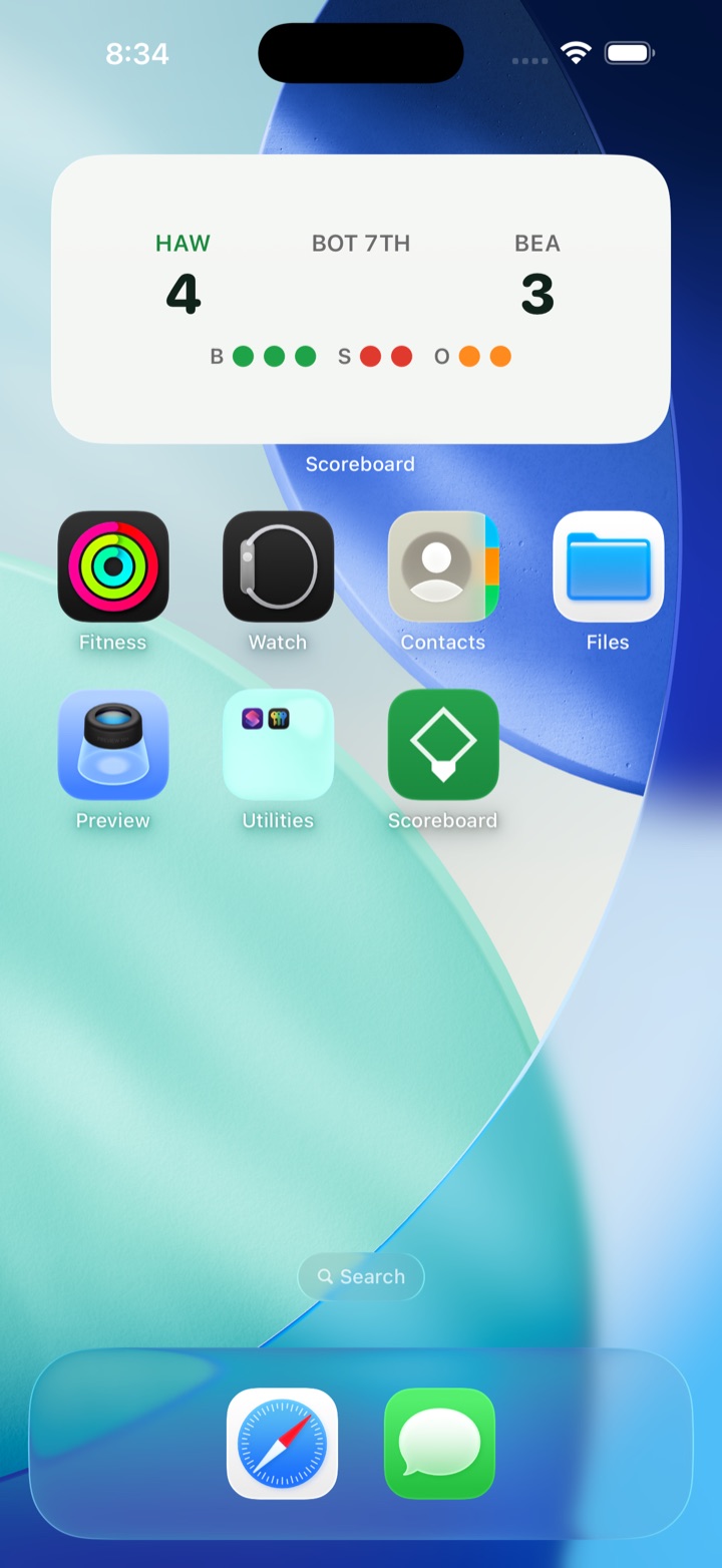 iPhone Home Screen with the Baseball & Softball Scoreboard widget showing Hawks 4, Bears 3, bottom of the 7th