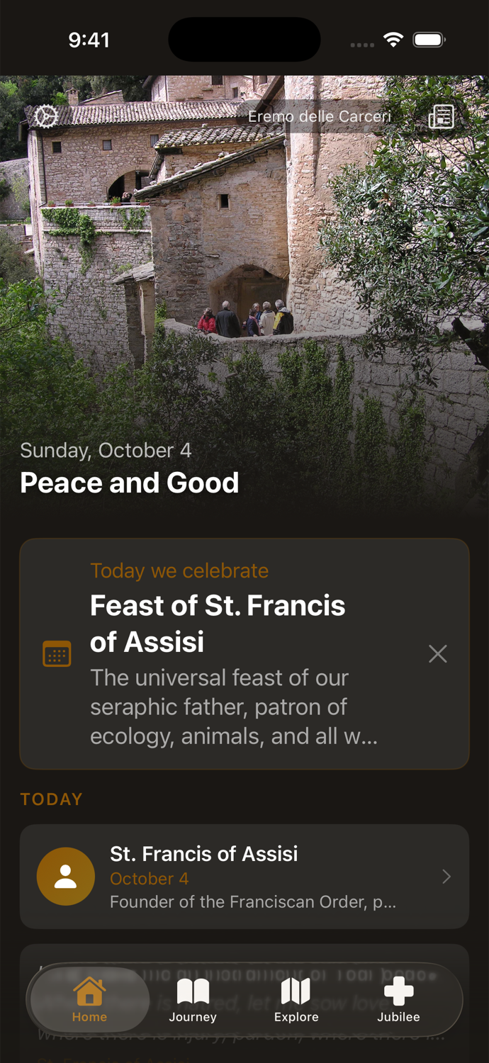 The Franciscan Pilgrimage home screen showing the Feast of St. Francis