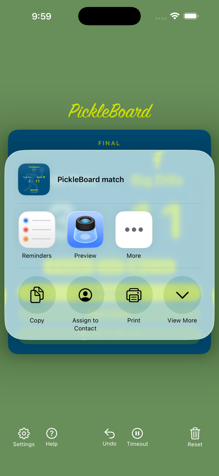 iPhone share sheet for a PickleBoard match result, with Copy, Print and app options over the game-over card