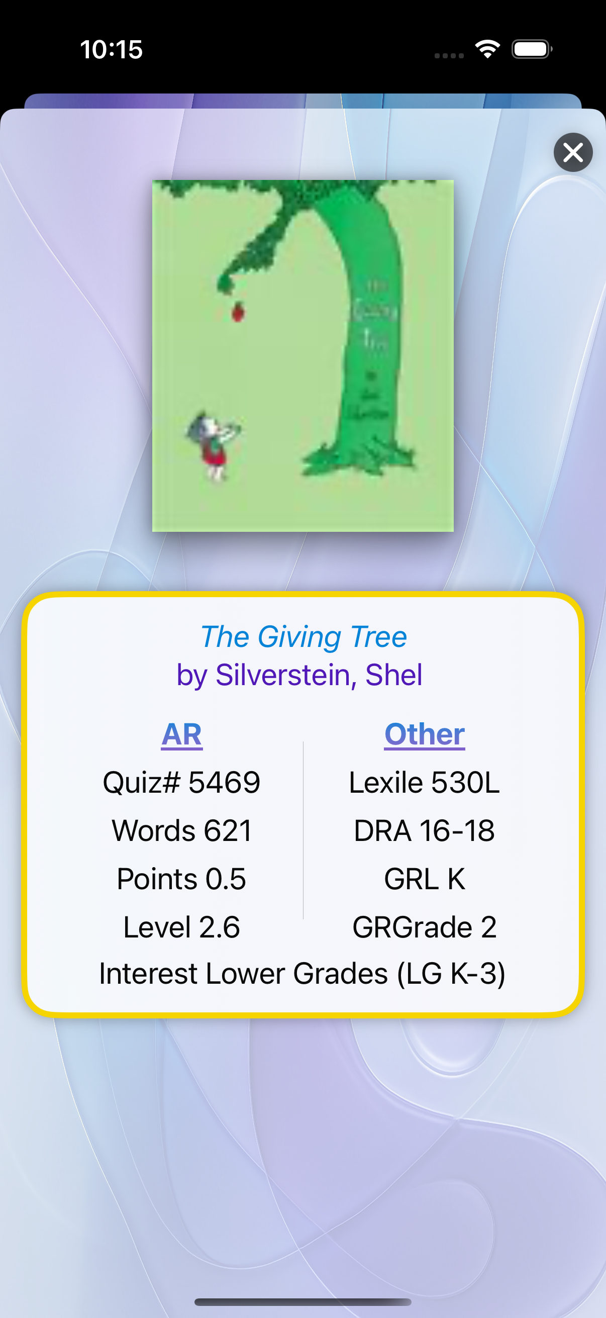 QuickScan showing reading levels for The Giving Tree