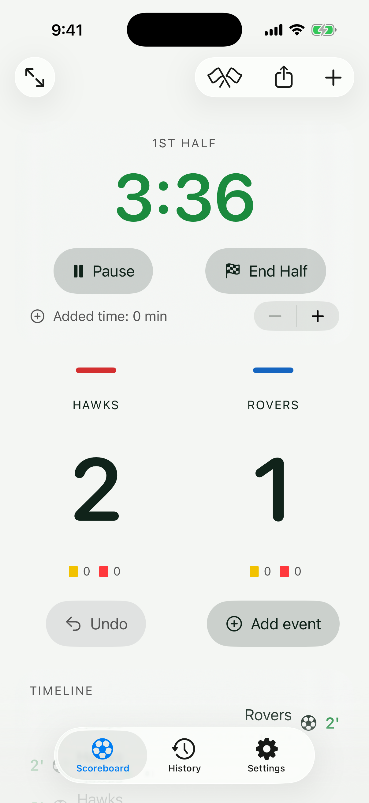 Soccer Scoreboard showing Hawks 2, Rovers 1, with the running match clock
