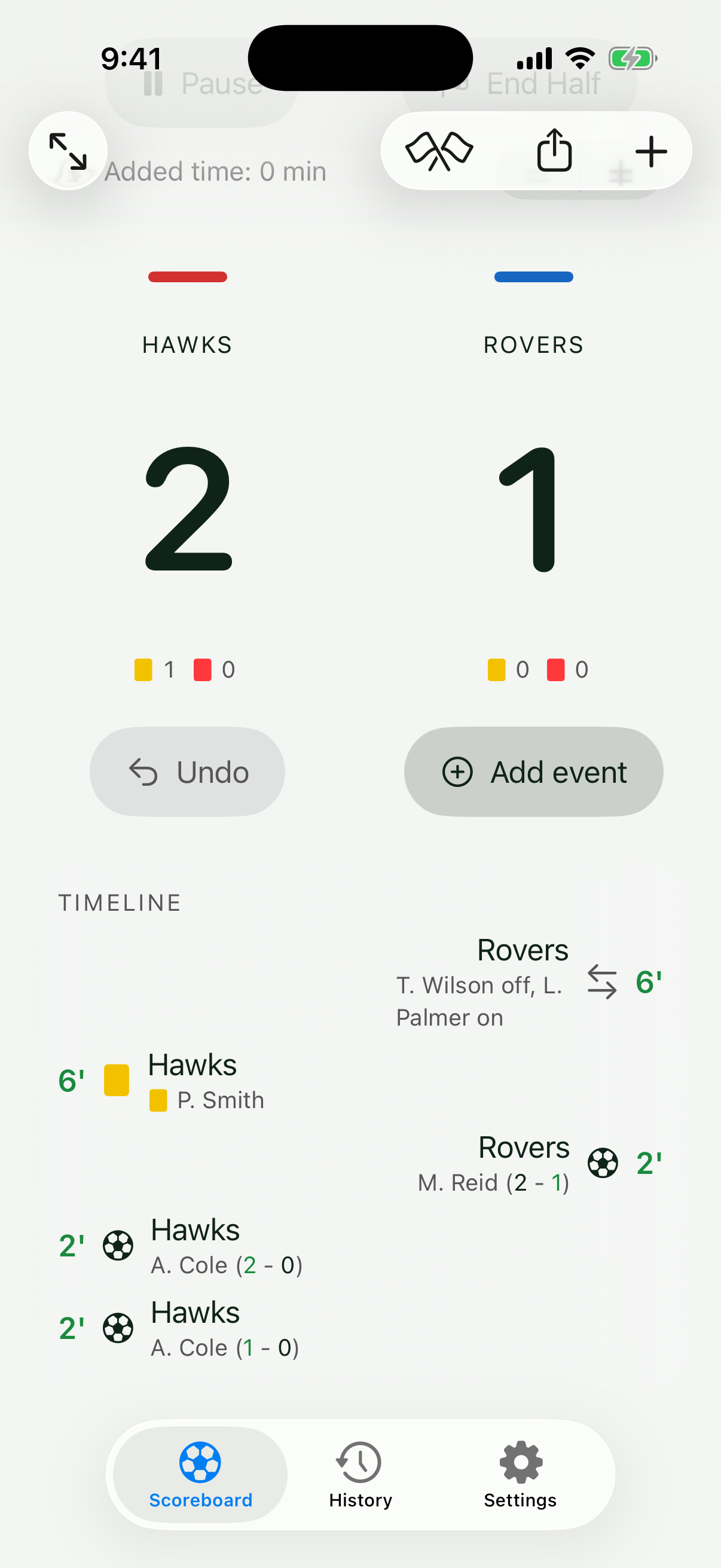 Soccer Scoreboard goal timeline listing each goal by scorer and minute for Hawks versus Rovers